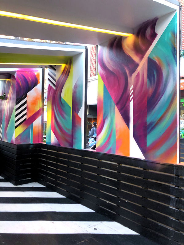 bianca ROMERO artist, nyc artist, female artist, interior decor, interior mural, abstract mural, restaurant mural, interior design, colorful mural, blend astoria, commissioned mural, muralist for hire, artist for hire, street artist, muralist nyc