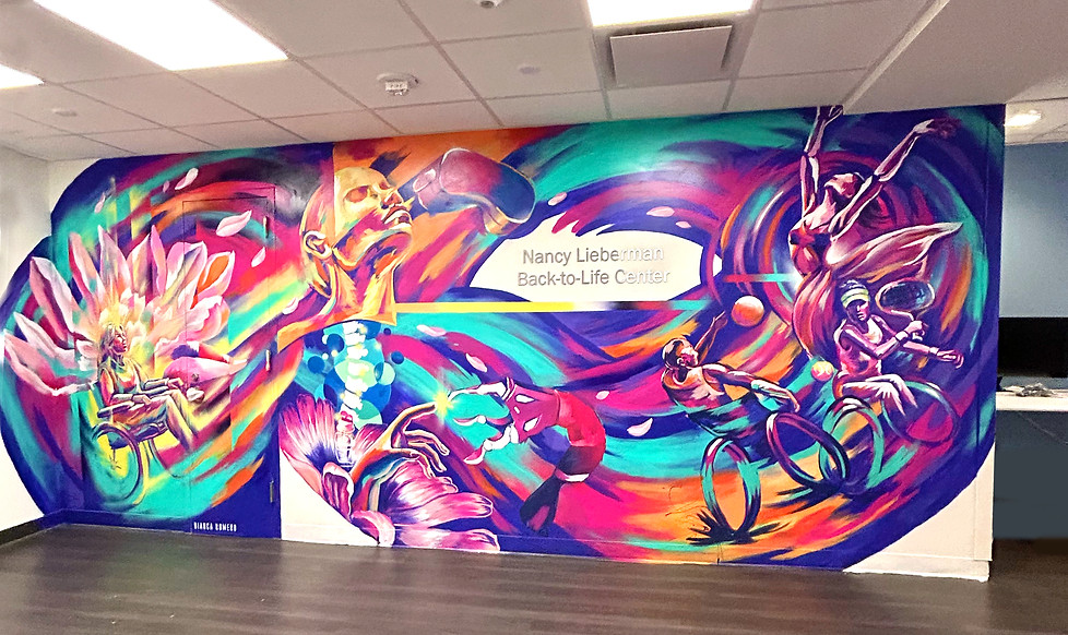 bianca romero artist muralist creates mural for mount sinai hospital injury center. bright colorful positive uplifting mural in NYC hospital 