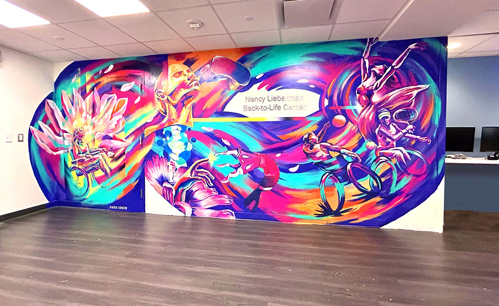 bianca romero artist muralist creates mural for mount sinai hospital injury center. bright colorful positive uplifting mural in NYC hospital 
