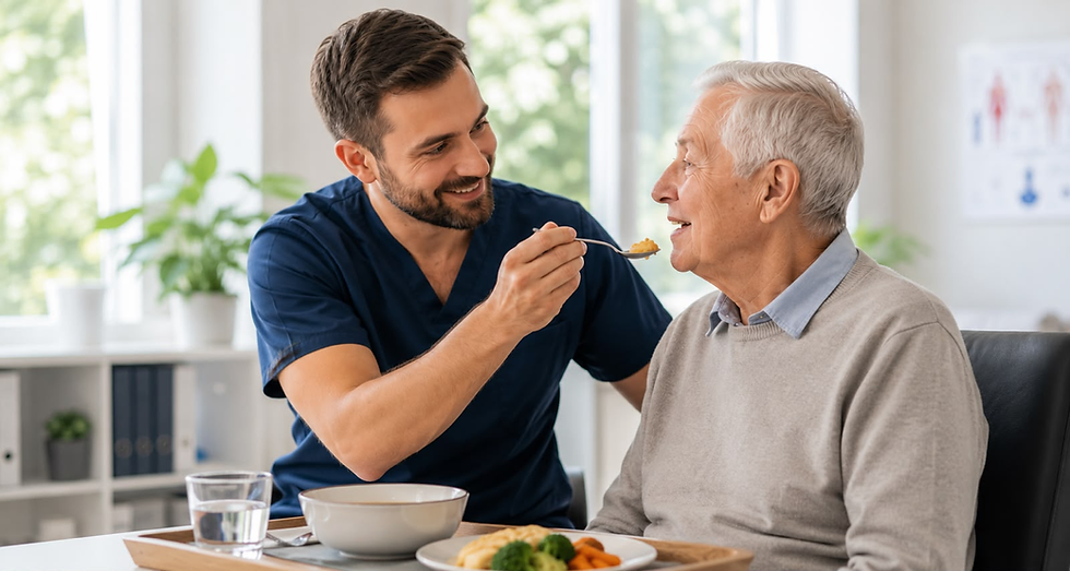 A caregiver assisting a resident at mealtime