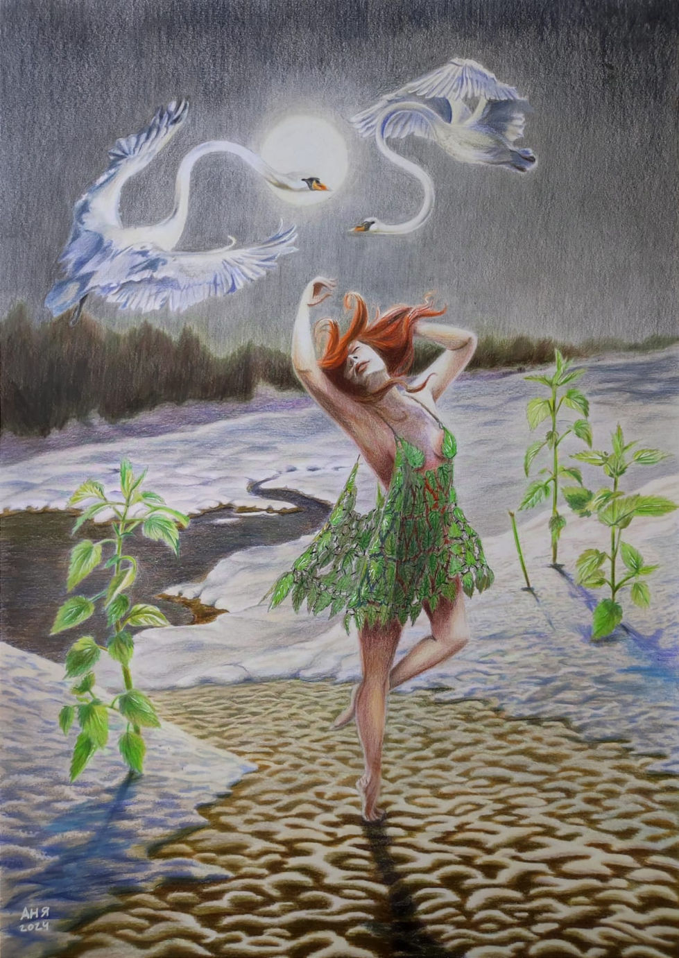 Дикие лебеди - the wild swans 
Colored pencils 34×48 cm