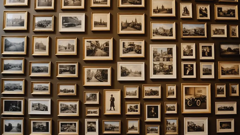 Eye-level view of memorabilia items displayed on a wall