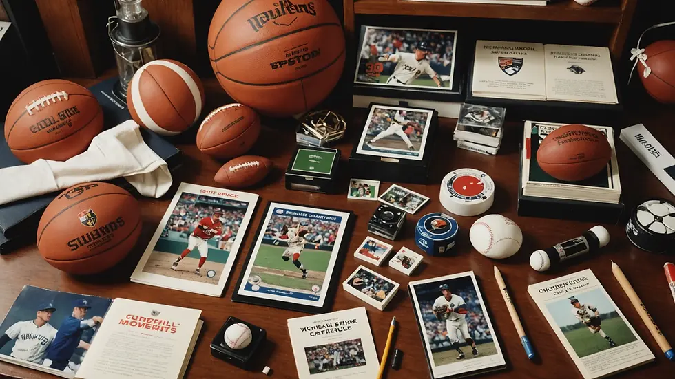 High angle view of a sports memorabilia collector's workspace
