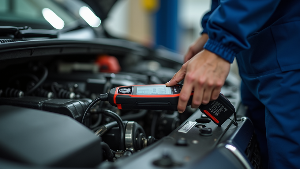 Close-up view of a mechanic’s diagnostic tool connected to a car’s engine