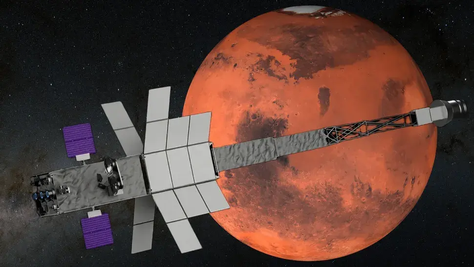 Uma ilustração da espaçonave SR-1 Freedom, movida a energia nuclear, da NASA, que transportará os helicópteros SkyFall da agência até Marte. (Créditos da imagem: NEMES LASZLO/SCIENCE PHOTO LIBRARY/Getty Images/NASA)