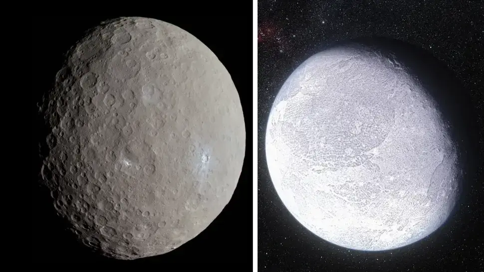 Reserve um pensamento para Ceres (à esquerda) e Éris (à direita), importantes planetas anões que nunca foram classificados como planetas. (Crédito da imagem: NASA/ESO/L. Calçada)