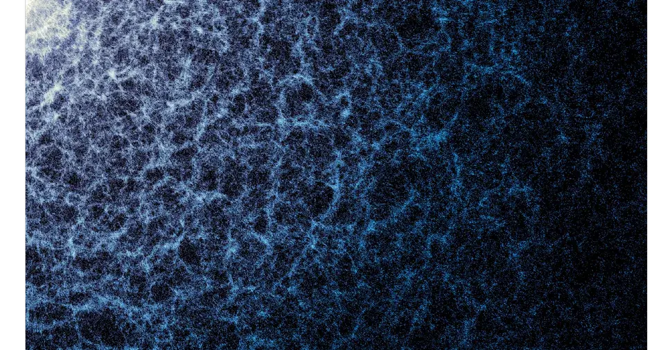 Uma pequena parte do mapa do quinto ano do DESI, na qual a estrutura em grande escala do Universo, formada pela gravidade, é visível. Cada ponto representa uma galáxia. As regiões mais densas indicam áreas onde galáxias e aglomerados de galáxias se agruparam para formar os filamentos da teia cósmica. Também são visíveis grandes vazios entre esses filamentos. (Créditos da imagem: Colaboração DESI e instituições membros do DESI/DOE/KPNO/NOIRLab/NSF/AURA/R. Proctor; Processamento de imagem: M. Zamani (NSF NOIRLab))