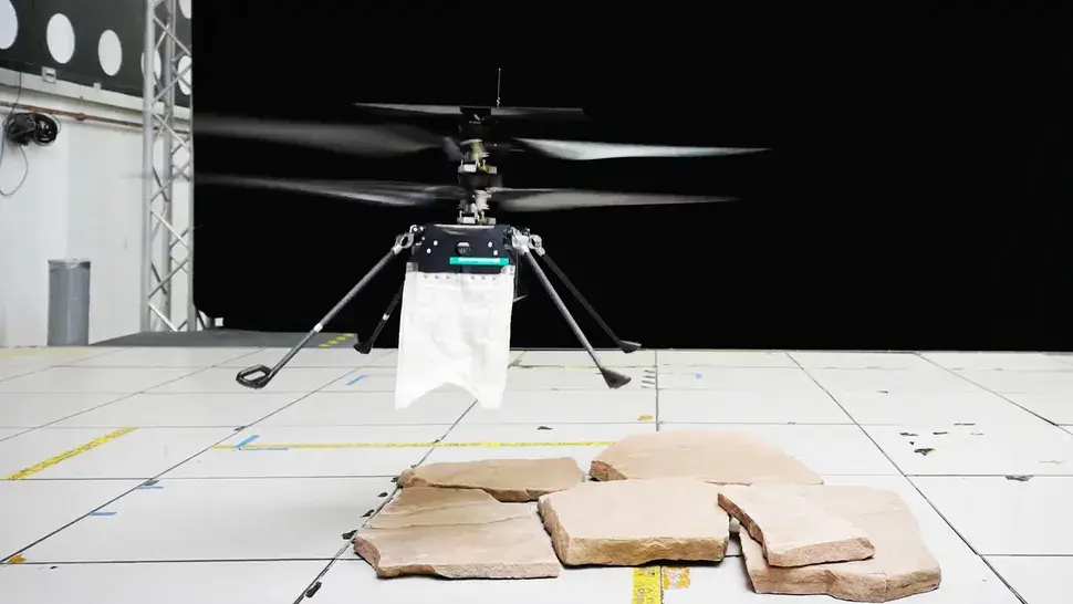 Os helicópteros SkyFall da NASA para Marte usarão instrumentos de radar de penetração no solo (GPR), em formato de capa, para investigar o que há sob a superfície do Planeta Vermelho. (Créditos da imagem: NASA/JPL-Caltech)
