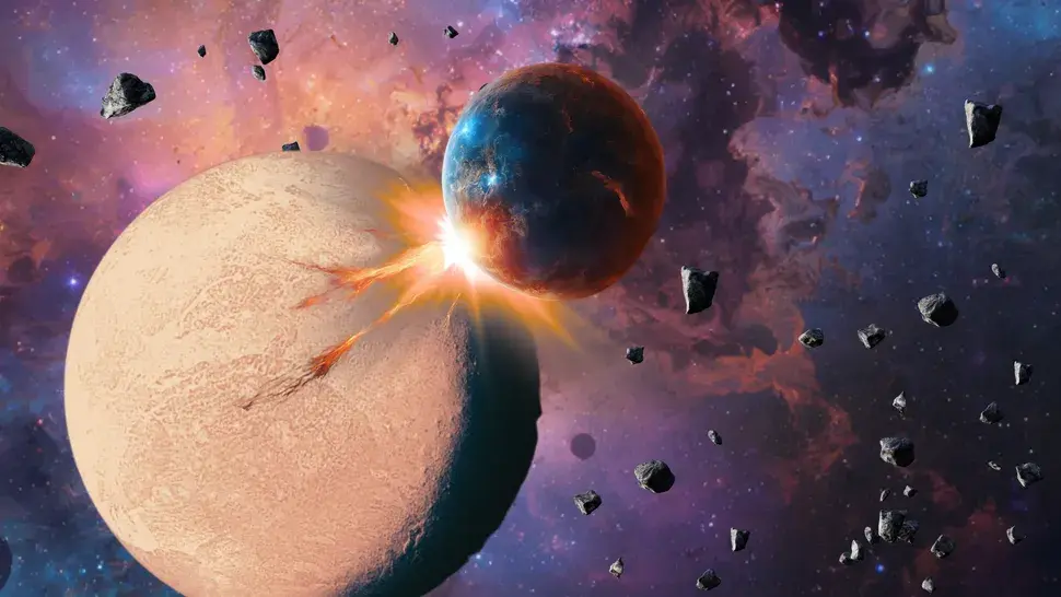 Uma ilustração mostra dois planetas colidindo. Essas colisões podem ser mais comuns em torno de certos tipos de estrelas (Créditos da imagem: Robert Lea (criado com Canva))