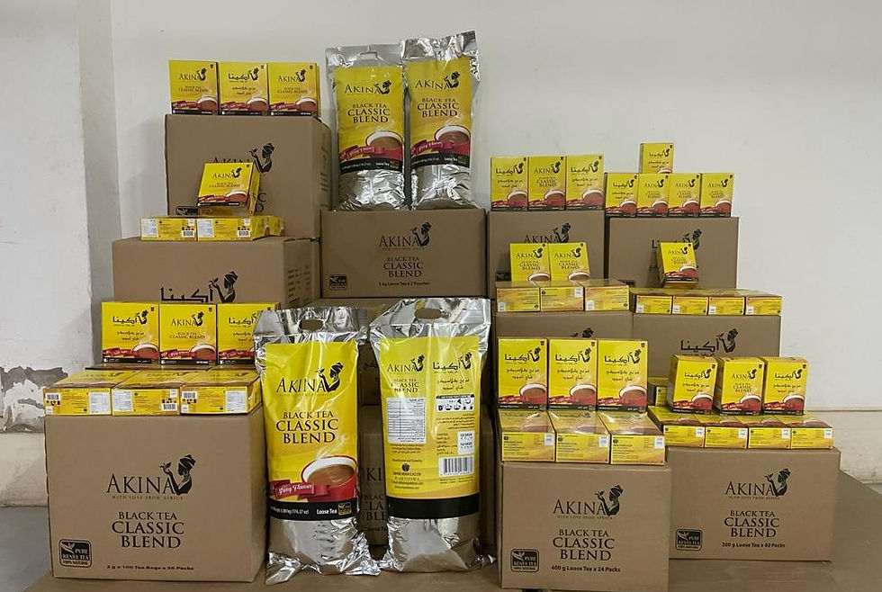 Image featuring AKINA, a premium Kenyan tea brand, showcasing their range of ready-to-sell tea products.