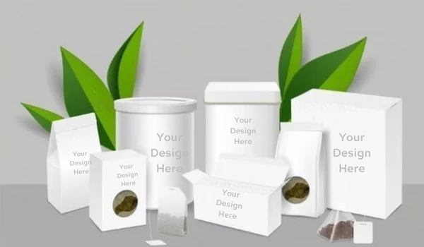 A mock-up display of Kenyan tea packaging, including loose-leaf tea in retail-ready cartons, branded tea bags in boxes, and eco-friendly pouches.