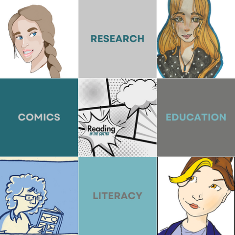 Cartoons of the Reading in the Gutter hosts will key words related to the podcast (e.g., comics, research, literacy, and education).