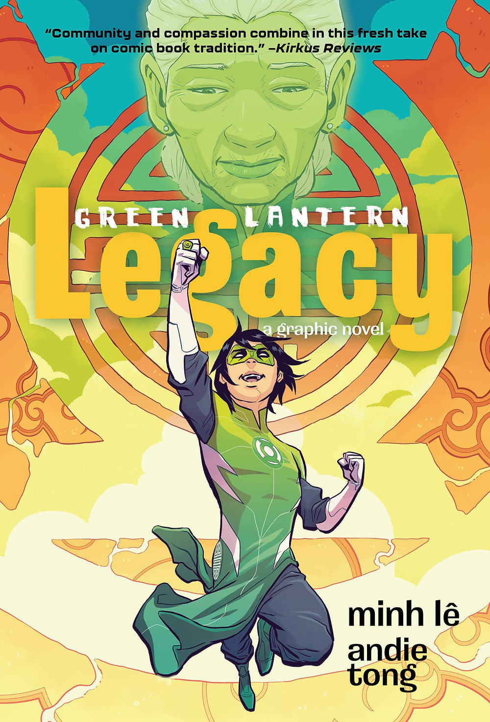 A twelve-year old boy leaps in the air with his hand above his head. He wears a Green Lantern super hero costume. A elderly woman's face hovers in the air above him. The Green Lantern symbol hovers behind them.