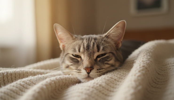 Close-up of a cat slowly blinking while resting on a soft blanket.