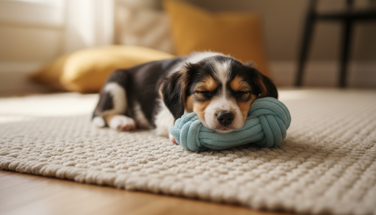 Close-up of a young puppy asleep beside a soft chew toy on a clean rug.