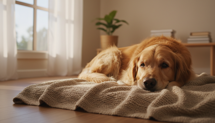 Eye-level view of a sleepy golden retriever resting on a soft blanket near a sunny window.