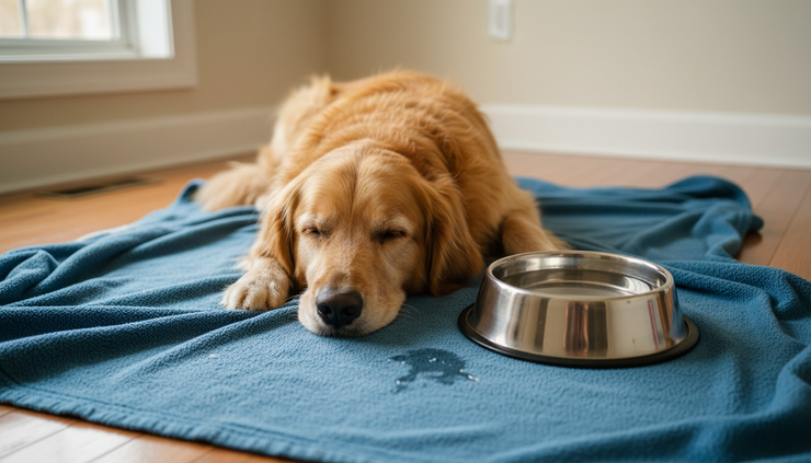 Overhead view of a therapy dog resting on a blanket during a quiet break