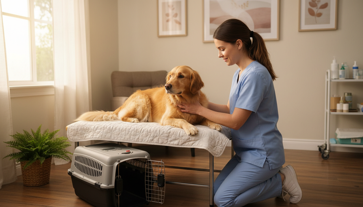 Eye-level view of a veterinarian gently examining a calm dog while a cat carrier rests nearby.