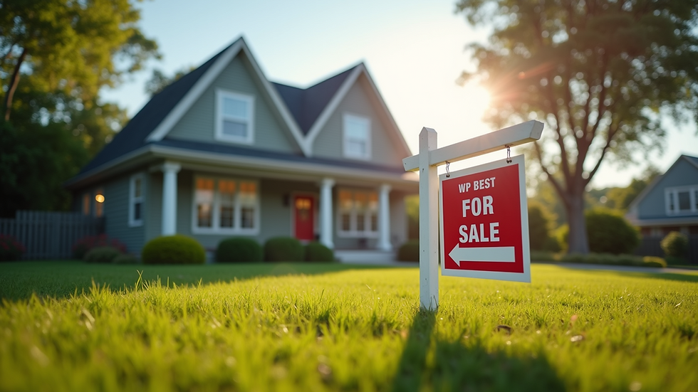 Eye-level view of a suburban house with a "For Sale" sign in the front yard