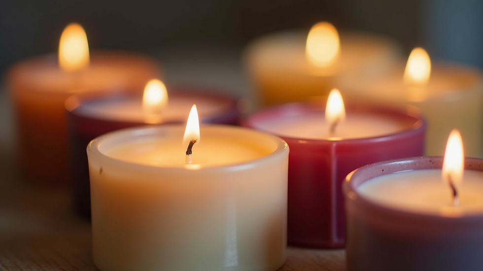 Close-up view of a variety of scented candles in different colors and shapes