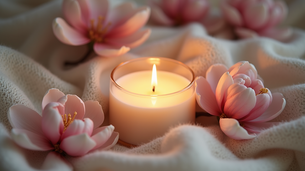 Close-up view of a lit Sweet Magnolia Candle surrounded by soft fabrics