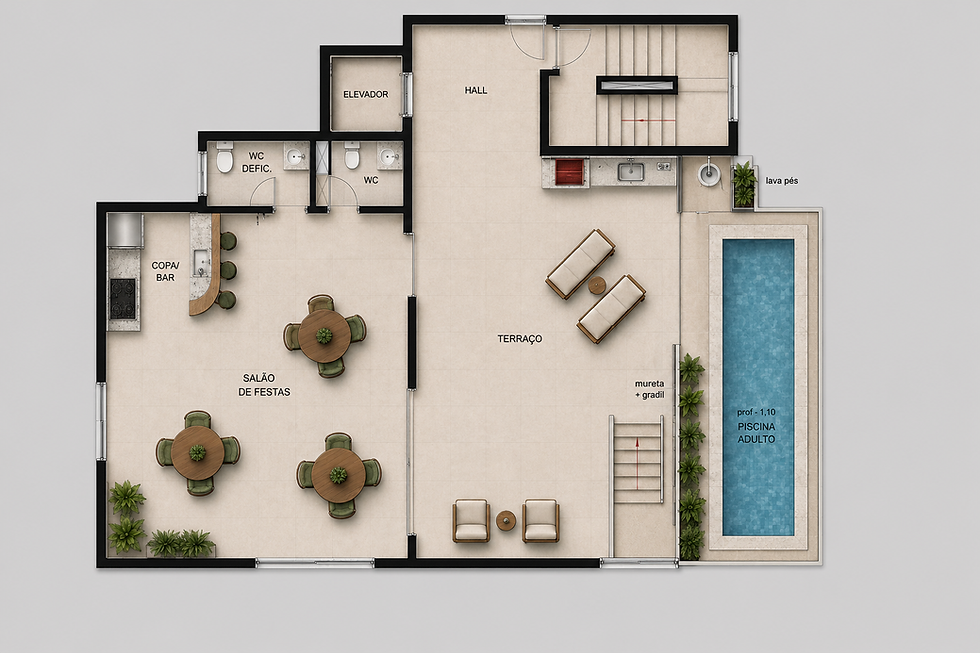 Planta humanizada da área de cobertura e lazer do Edifício Magnifique da Construtora Passoni. O projeto apresenta um amplo terraço aberto com piscina privativa raia adulto, salão de festas fechado com copa e bar integrado, lavabos acessíveis, elevador e hall de distribuição social de alto padrão.