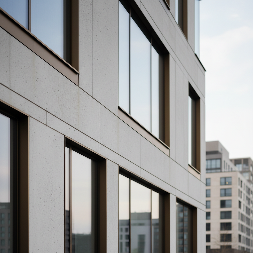 Fachada geométrica de edifício contemporâneo de alto padrão, em concreto claro, vidro e detalhes em bronze, transmitindo estabilidade e segurança jurídica da Construtora Passoni.