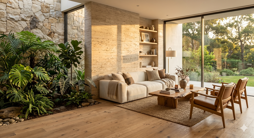 Interior de residência moderna de luxo com marcenaria em madeira natural, escada e mesa de jantar, integrados por uma grande parede de vidro que se abre para um jardim tropical exuberante com luz natural. Representa o conceito de Arquitetura Biofílica e Neuroarquitetura aplicado ao bem-estar residencial pela Construtora Passoni.
