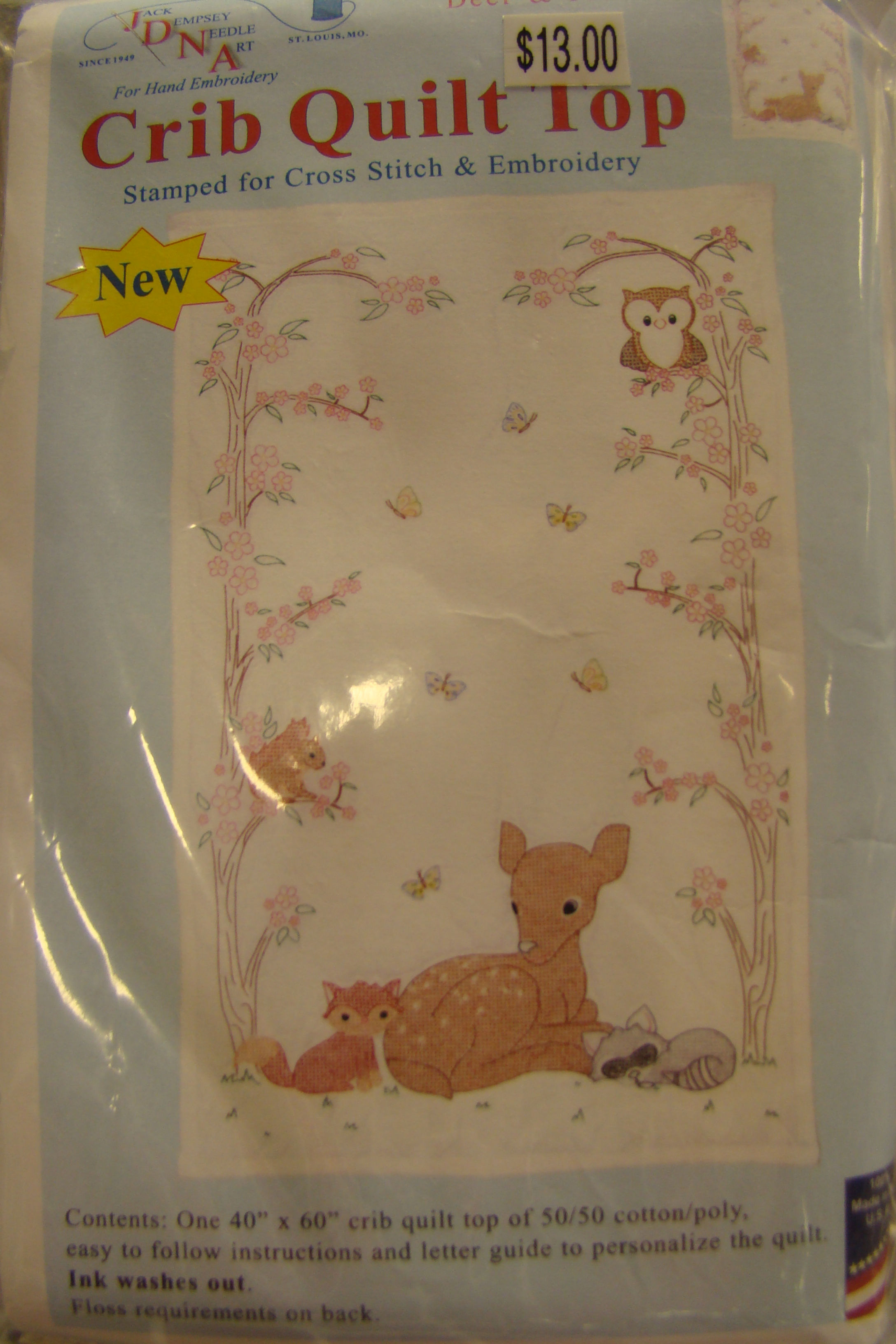 JDNA Stamped Crib Quilt Top Cross Stitch & Embroidery Deer and Friends