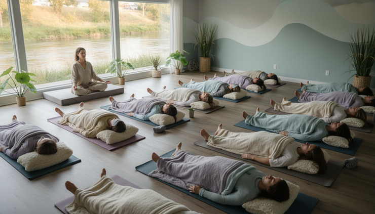 Wide-angle view of students resting in a calm yoga class.