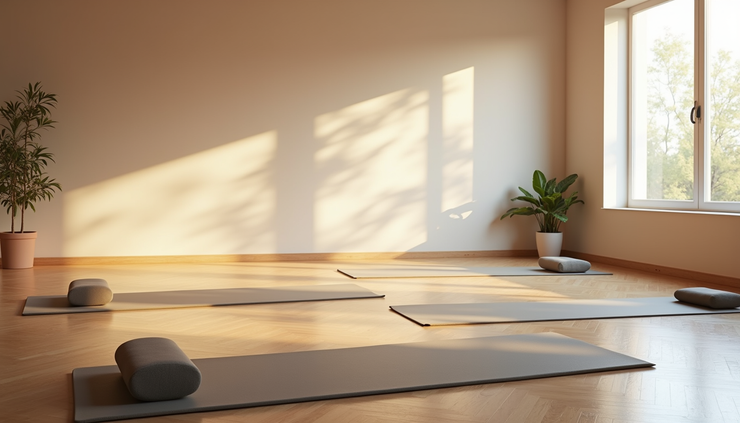 Eye-level view of a serene yoga studio with natural light and mats arranged for training