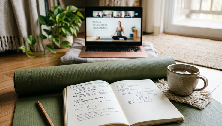Close-up view of a yoga journal beside a mat during virtual teacher training