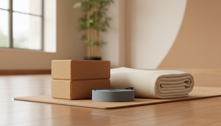 Close-up view of yoga blocks and blankets beside a mat in a peaceful studio