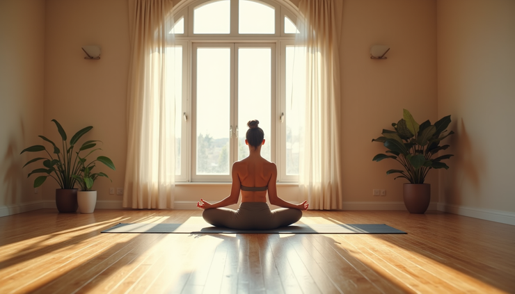 Eye-level view of a serene yoga studio with a single student practicing under soft natural light