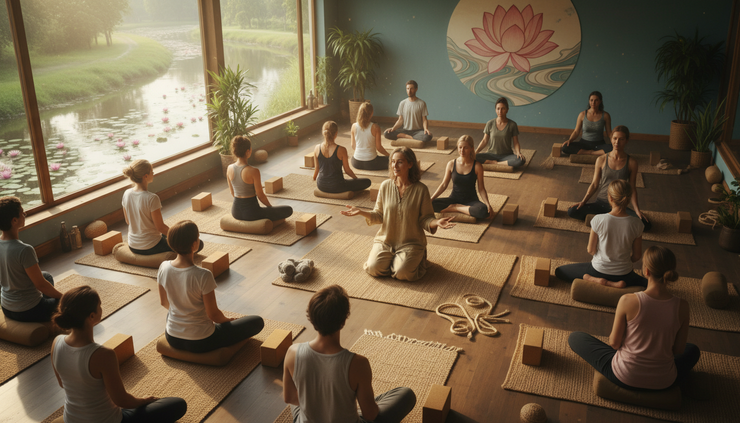 Eye-level view of a yoga teacher offering calm guidance during practice.