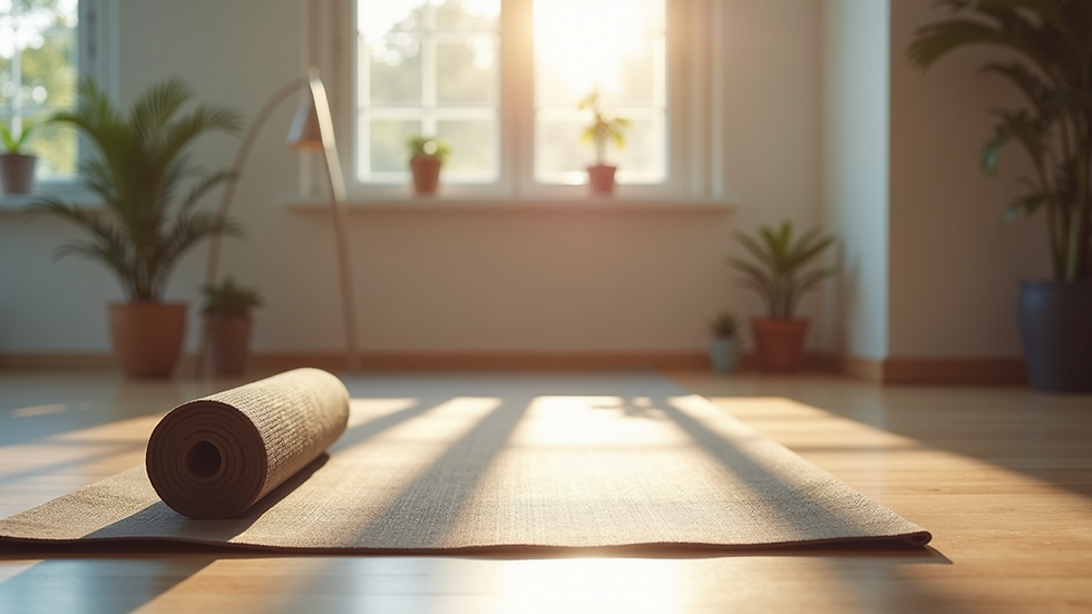 Eye-level view of a yoga mat and props arranged in a serene studio