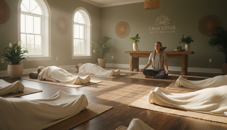 Wide-angle view of a yoga class resting in savasana in a quiet studio