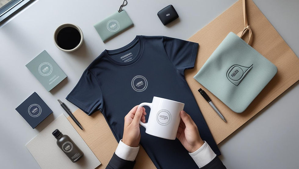 _Generate a professional flat lay image of various branded merchandise items for a modern tech company. Include a sleek black t-shirt with a minimalist logo, a white ceramic mug, a branded notebook, and a pen, all featuring consistent branding. Use a.jpeg