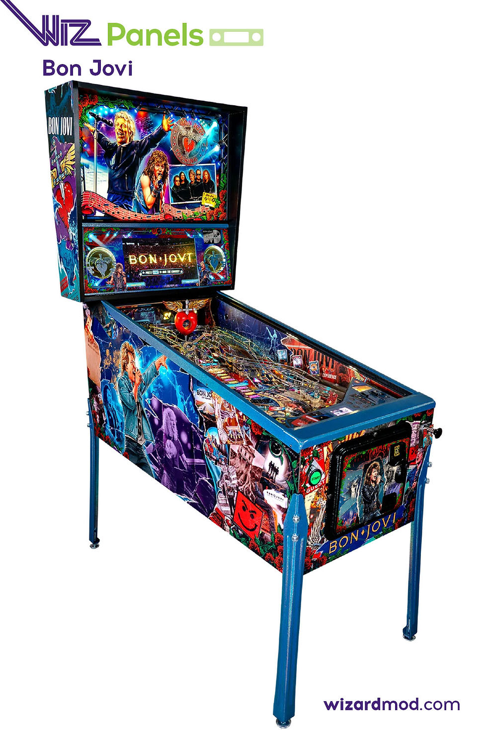 Bon Jovi pinball machine by Barrels of Fun illuminated during gameplay.