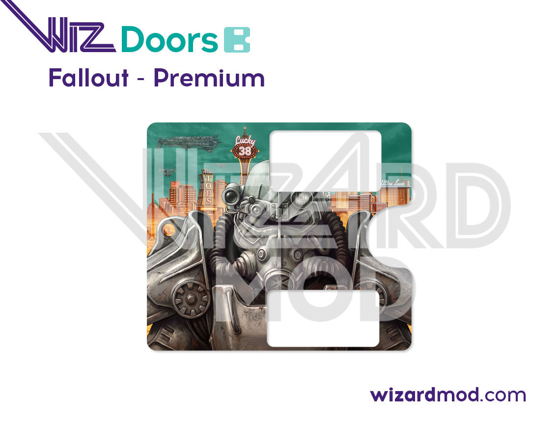 Fallout pinball WizDoors magnetic coin door cover design preview featuring a precision-cut fit over the original door.
