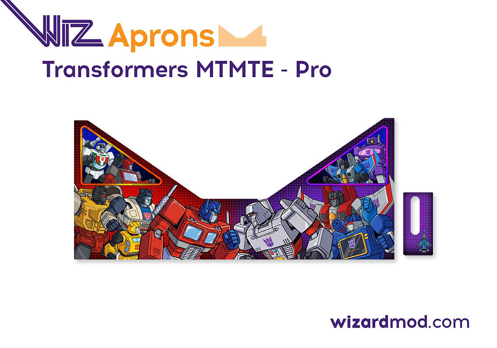 Close-up view of WizAprons apron decal artwork showing detailed custom designs for Transformers pinball.