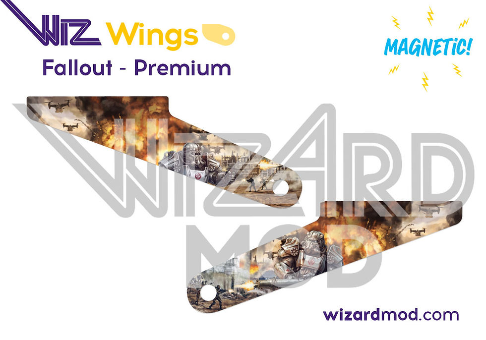 Fallout pinball WizWings magnetic hinge accessories featuring detailed artwork and quick snap-on installation.