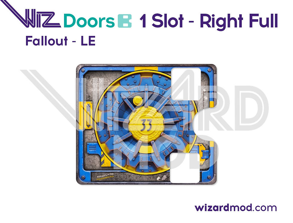 Close-up view of WizDoors magnetic coin door cover artwork showing custom designs for Fallout pinball.