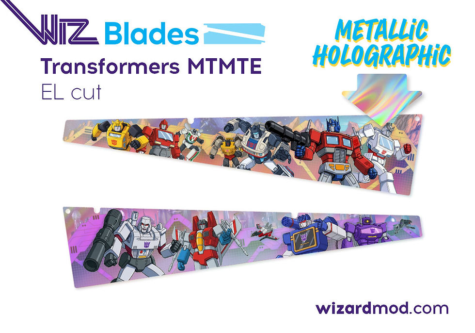 Close-up of easy-to-apply WizBlades pinblades mods, highlighting the glossy finish and detailed art wraps artwork.