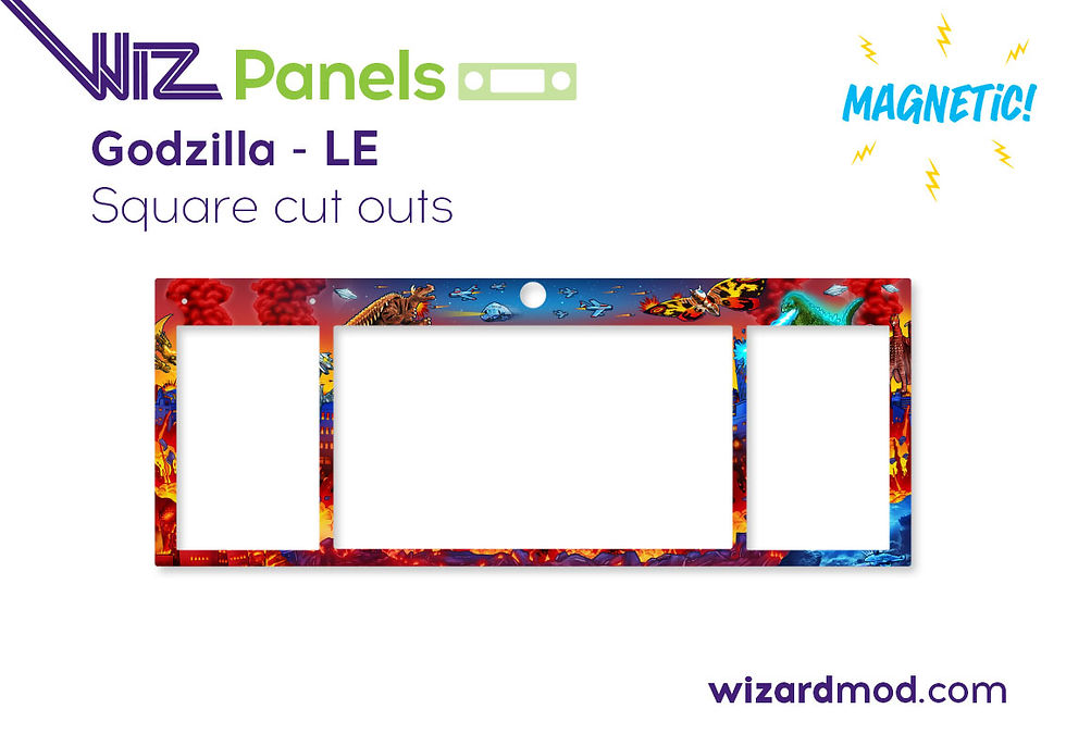 Custom artwork preview of godzilla pinball WizPanels magnetic speaker panel skin showing quick installation with no adhesiv