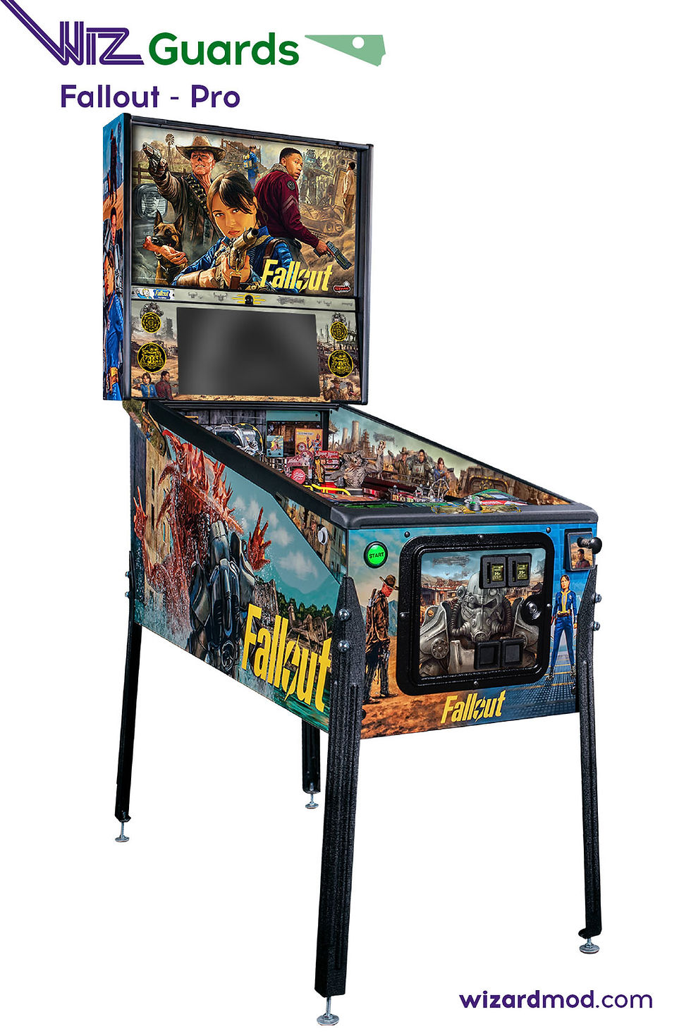 WizGuards removable side rails armor upgrade for Fallout pinball with scratch-resistant hand protection.