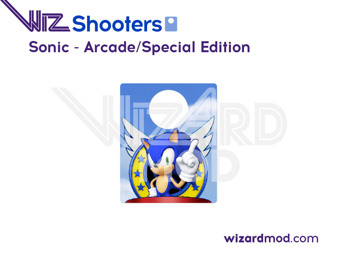 Close-up view of WizShooters custom shooter plate decals showing detailed artwork around the shooter knob area on Sonic pinba