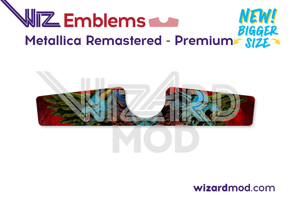 Custom artwork preview of Metallica Remastered pinball WizEmblems enhancing the center button area with a unique magnetic upg