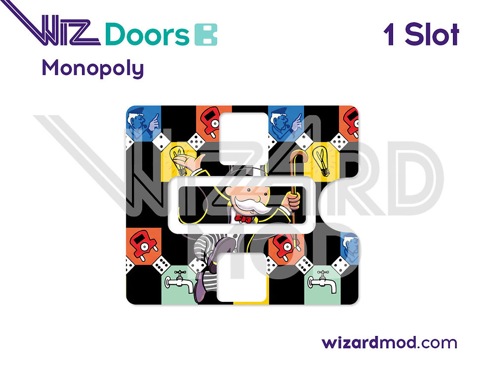 Monopoly pinball WizDoors magnetic coin door cover design preview featuring a precision-cut fit over the original door.