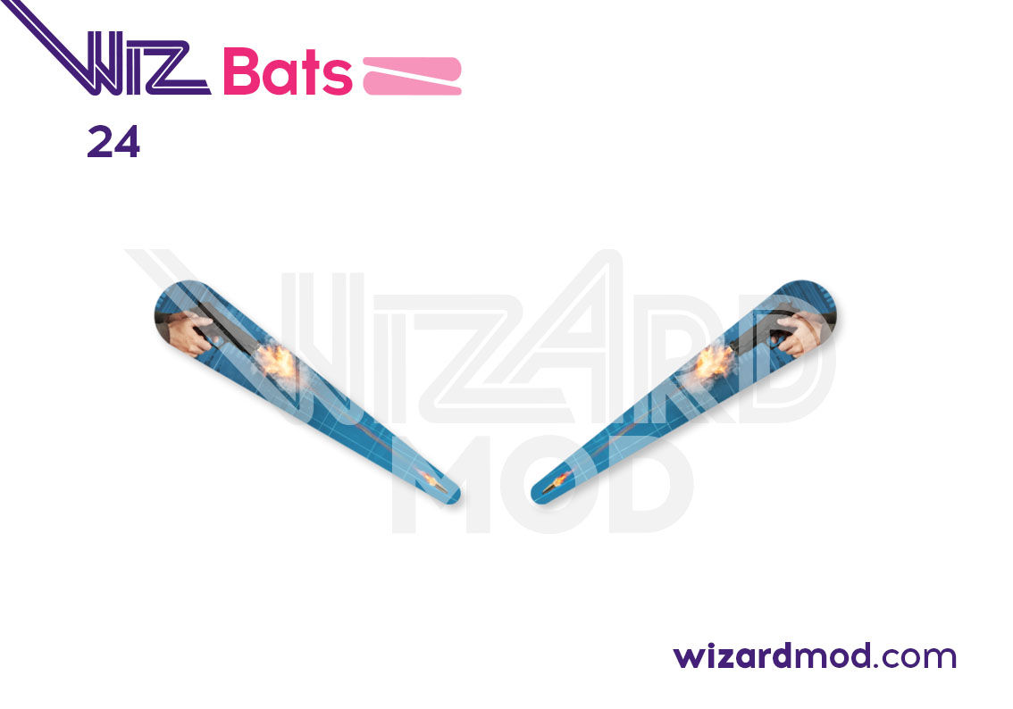 Close-up view of WizBats custom flipper bat decals showing detailed artwork on 24 pinball flipper bats.